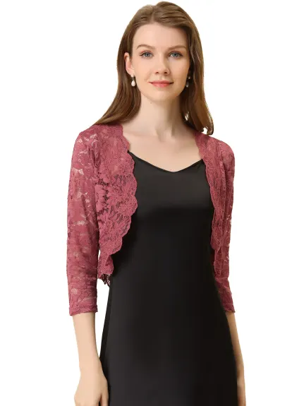 Allegra K- Elegant 3/4 Sleeve Sheer Floral Lace Shrug Top