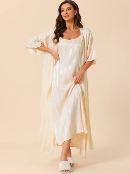 cheibear - Satin 2Pcs Stripe Nightgown with Robes