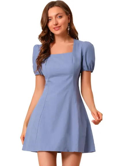 Allegra K- Square Neck Puff Sleeve A-Line Mini Dress