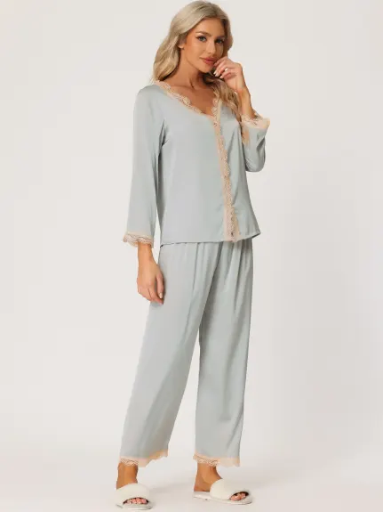 cheibear - Lace Trim Satin Pajama Set