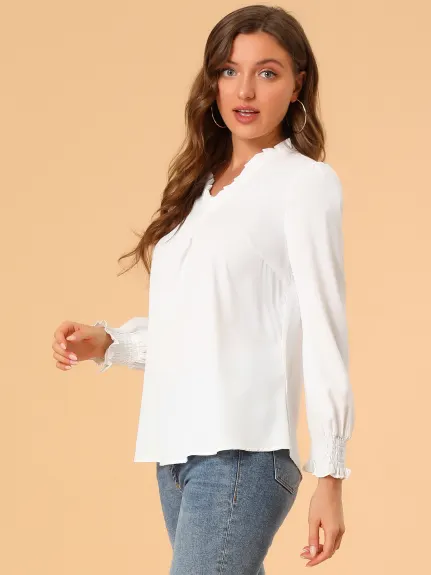 Allegra K- volants col V manches longues Blouse solide