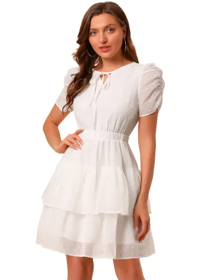 Allegra K- Swiss Dots Ruched Short Sleeve Layer Ruffle Hem Dress