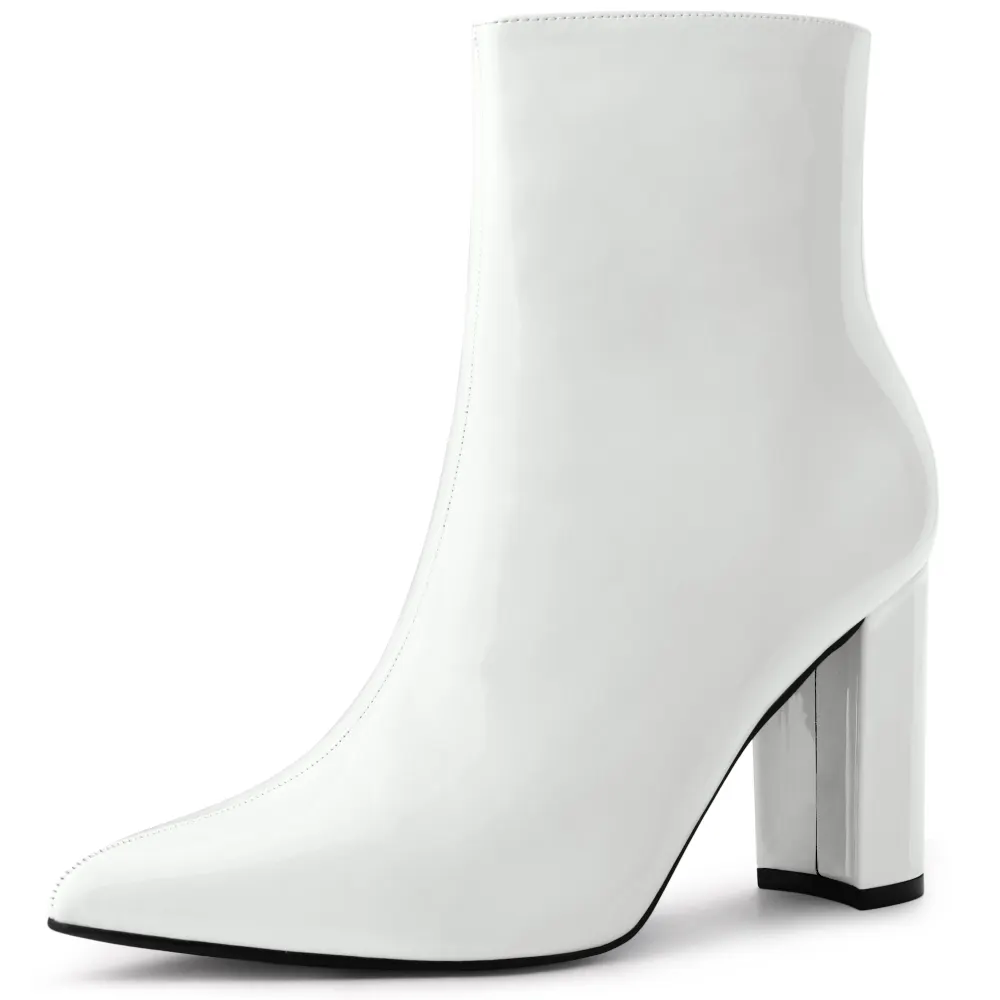 Allegra K - Pointed Toe Zip-up Glossy Ankle Boots