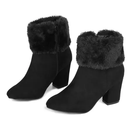 Allegra K - Faux Fur Block Heel Winter Ankle Boots