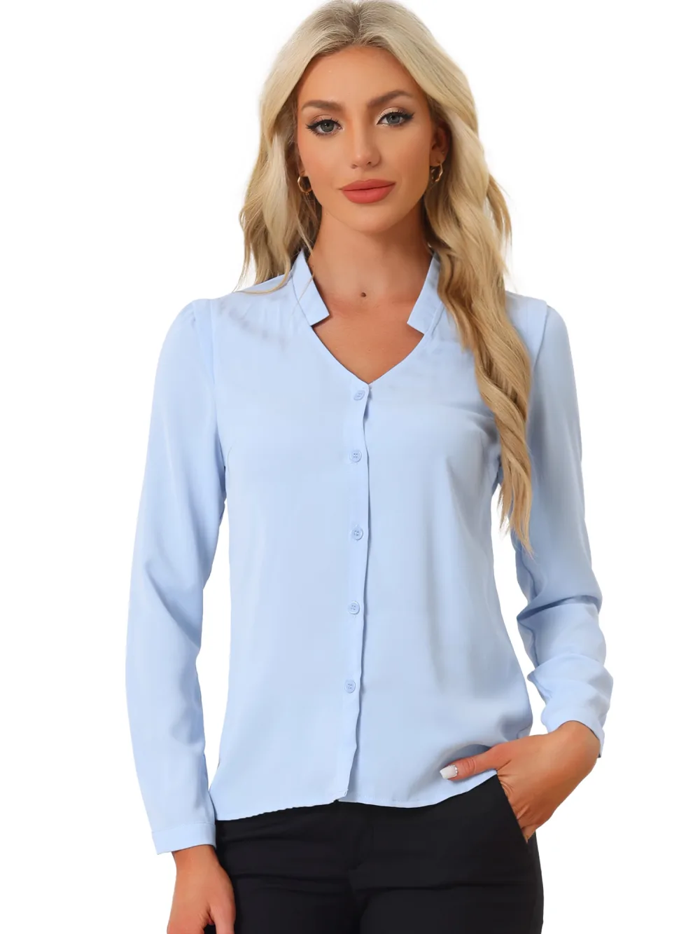 Allegra K- V Neck Elegant Button Up Shirt