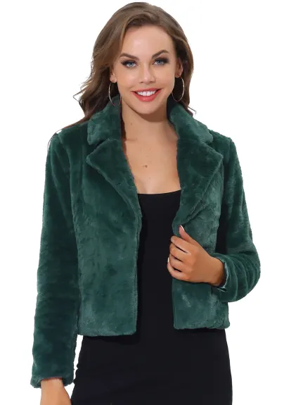 Allegra K- Notch Lapel Faux Fur Fluffy Cropped Coat