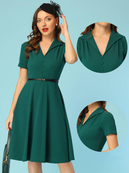 Allegra K- Vintage Flat Collar Short Sleeve Fit and Flare Dress