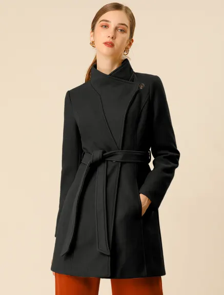 Allegra K- Classic Stand Collar Belted Long Coat