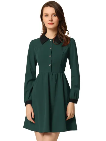 Allegra K- Contrast Color Collared Long Sleeve Flare Dress