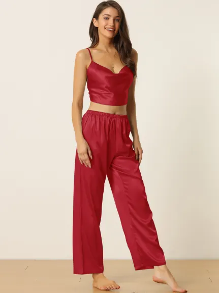 cheibear - Cowl Neck Crop Cami Top with Pants Lounge Set