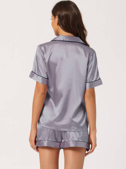 cheibear - Satin Button Down Sleepshirt with Shorts Sets