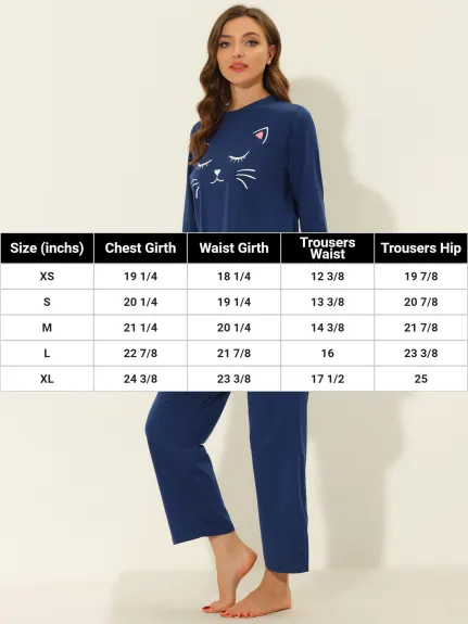 cheibear - Long Sleeve Cat Pattern Cute Pajamas Set