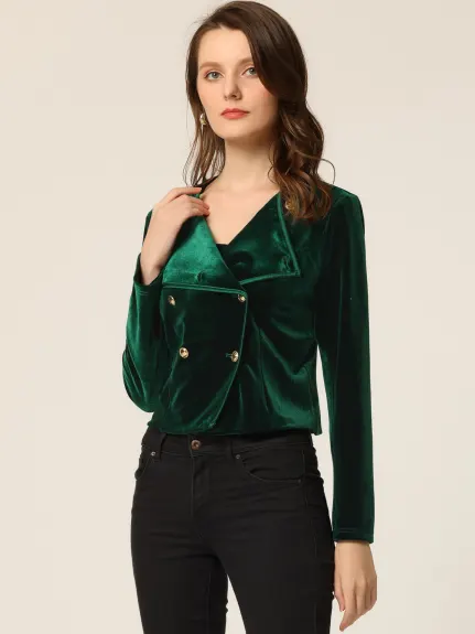 Allegra K- Velvet Notched Lapel Double Breasted Cropped Jacket