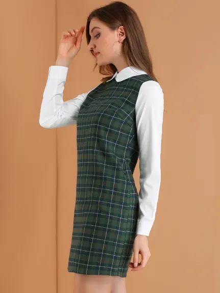 Allegra K- Peter Pan Collar Long Sleeve Check Shift Dress