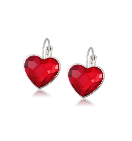 Red Silvertone Crystal Heart Leverback Earrings by callura