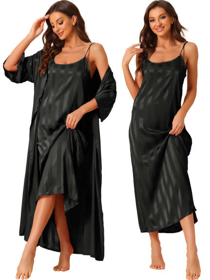 cheibear - Satin 2Pcs Stripe Nightgowns with Robes