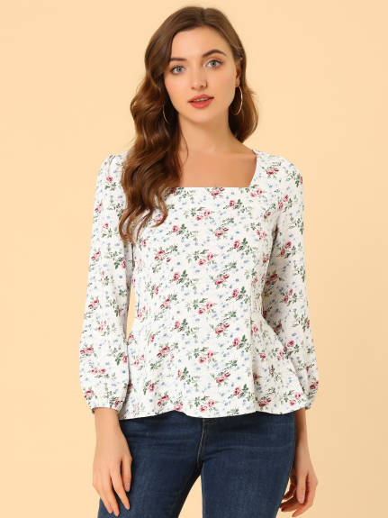 Allegra K- Floral Blouse Square Neck Belted Waist Peplum Blouse Top