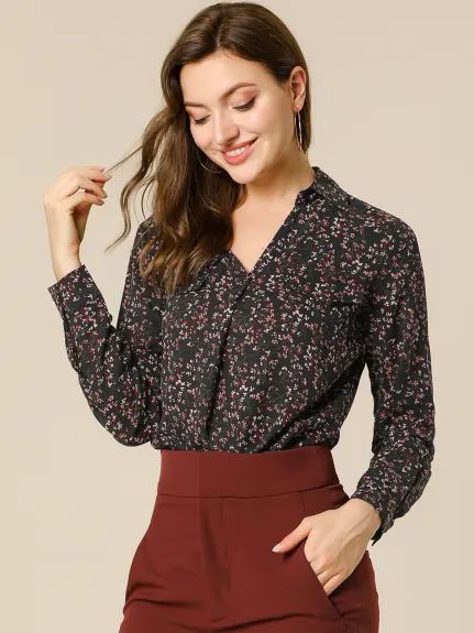 Allegra K- chemise élégante col en v chemise florale fausse poche manches longues