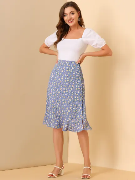 Allegra K- Floral Ruffle A-Line Split Midi Skirt