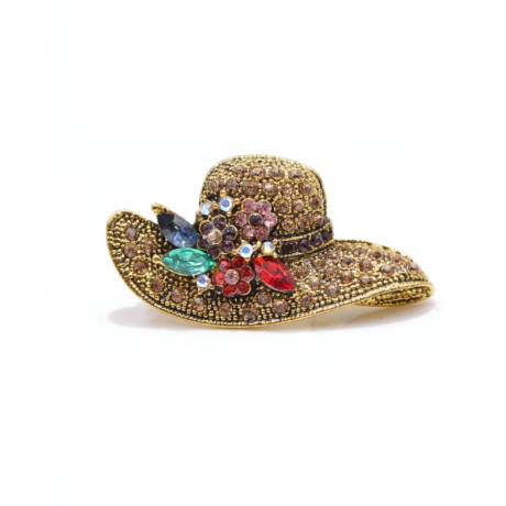 Tan & Multi Colored Crystal Flower Sunhat Brooch - Don't AsK