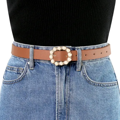 Allegra K- Pearl Waistband Skinny Leather Pin Buckle Belt