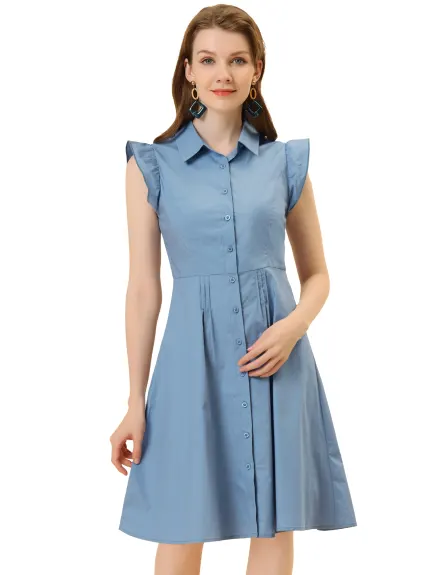Allegra K- Cotton Shirtdress Ruffled Sleeve Tie Waist Button Dress