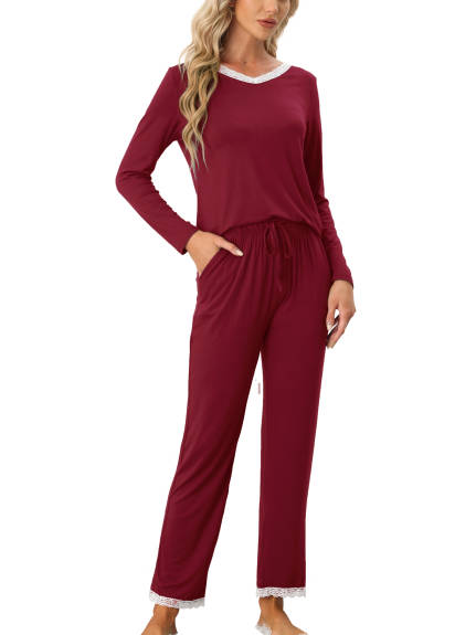 cheibear - V Neck Lace Trim Tops with Pants Lounge Set