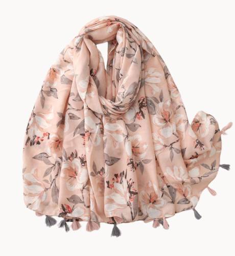 Rose and Grey Blossom Scarf with Tassels - Don't AsK