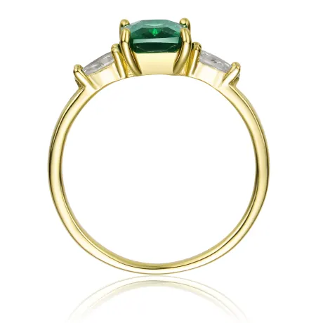 Genevive Sterling Silver 14k Yellow Gold Plated with Emerald & Cubic Zirconia 3-Stone Engagement Anniversary Ring
