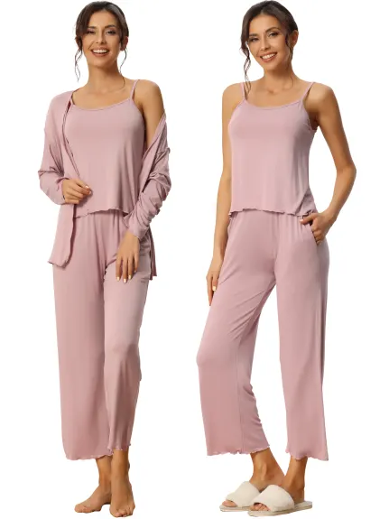 cheibear - 3Pcs Solid Color Top and Pants Sleepwear Set