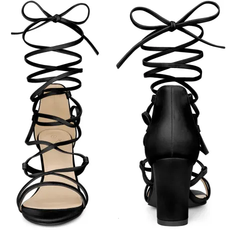 Allegra K - Strappy Faux Leather Chunky Heel Sandals
