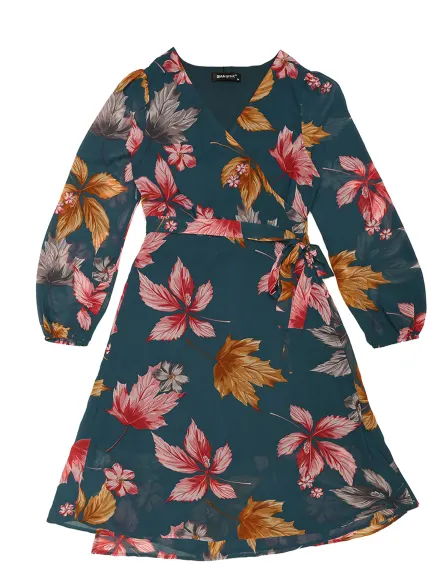 Allegra K- Floral V Neck Tie Waist Bishop Sleeve Wrap Midi Dress