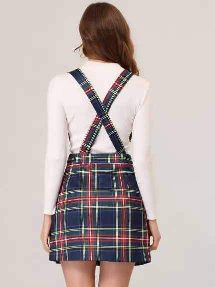 Allegra K- Plaid Above Knee Knit Crossover V Neck Overall Skirt