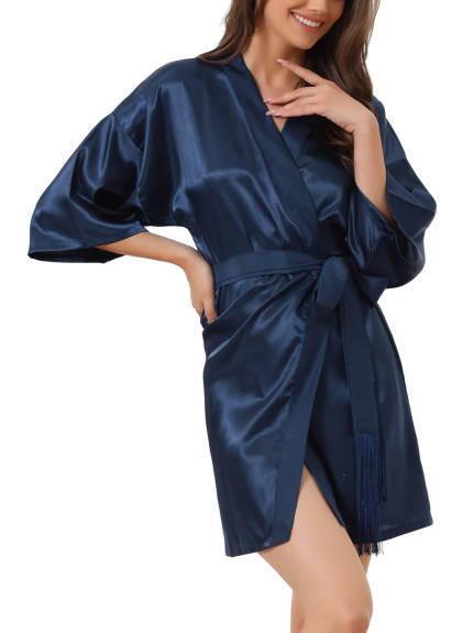 cheibear - Robe de nuit en satin à manches 3/4 et taille nouée