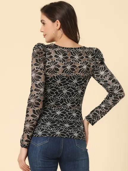 Allegra K- Lace Embroidery Semi Sheer Vintage Puff Sleeve Top