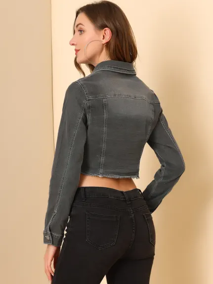 Allegra K- Veste en jean courte délavée boutonnée effilochée