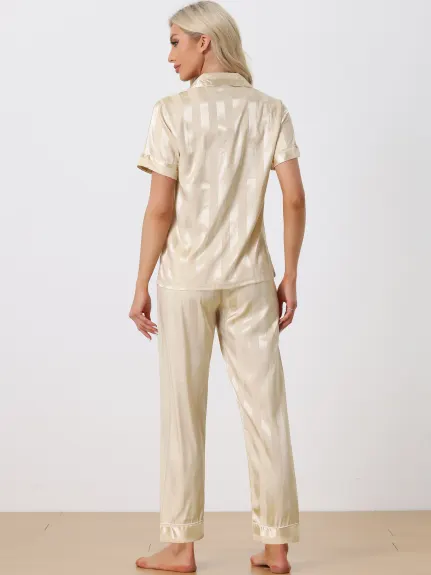 cheibear - Satin Button Down Shirt Long Pants Pajama Set