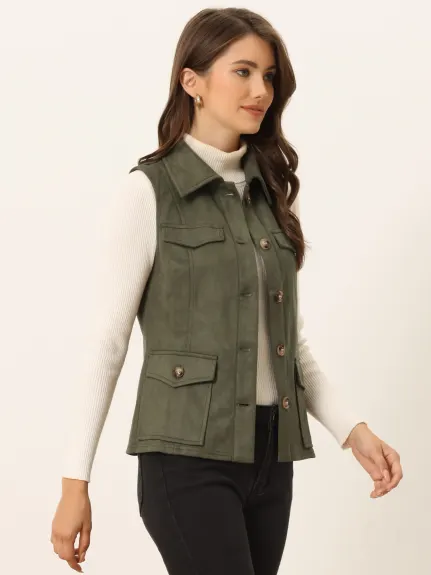 Allegra K- Faux Suede Vest Buttoned Jacket with Cargo Pocket