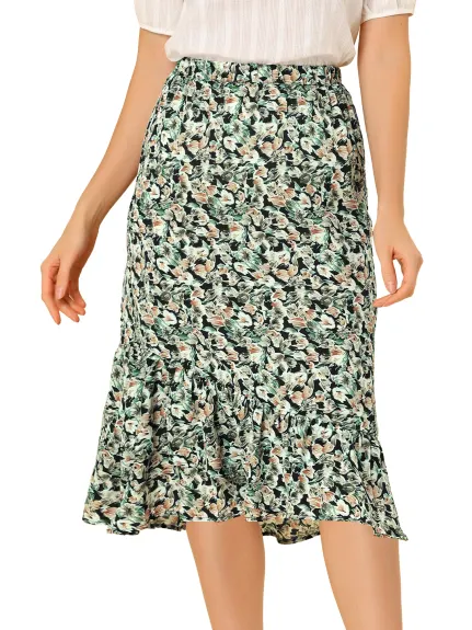 Allegra K- Elastic Waist Ruffle Floral Midi Skirt