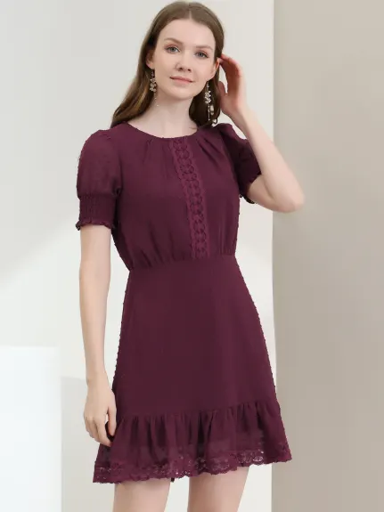Allegra K- Elegant Short Sheer Sleeve Ruffle Hem Swiss Dots Chiffon Dress