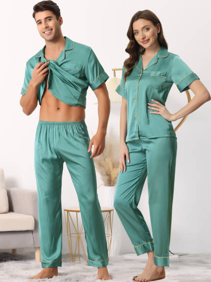 cheibear - Ensembles de pyjama chemise boutonnée en satin avec pantalon
