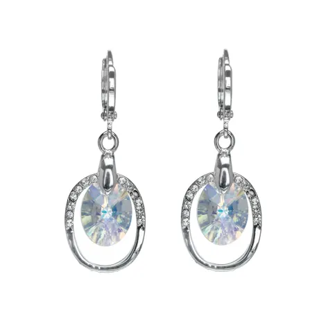 Rhodium Plated Crystal Oval Drop Earrings with Pave Oval Frame and Leverback Hoop - callura