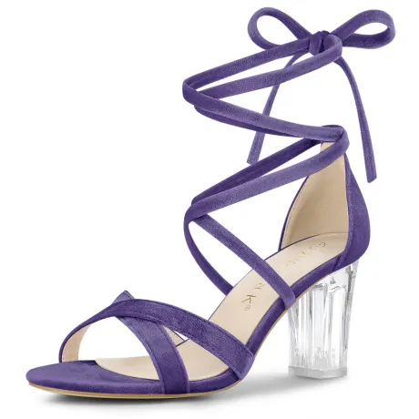 Allegra K- Velvet Lace-Up Clear Block Heel Sandals