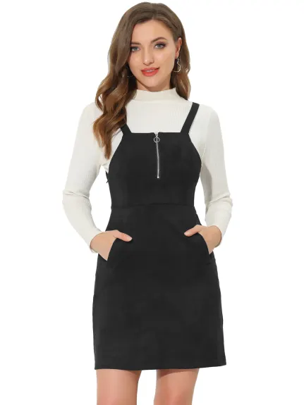 Allegra K- Faux Suede Zipper Front A-Line Overall Pinafore Dress