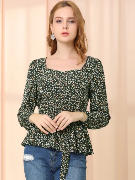 Allegra K - Fall Square Neck Belted Peplum Floral Blouse