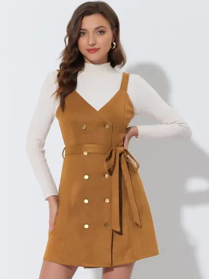 Allegra K- Faux Suede V Neck Button Down Belted Pinafore Overall Dress