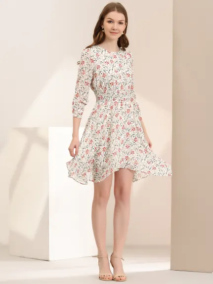 Allegra K- Floral Shirred 3/4 Sleeve Asymmetrical Hem Smocked Dress