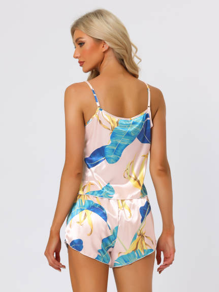 cheibear - Satin Pajama Summer Floral Camisole with Shorts