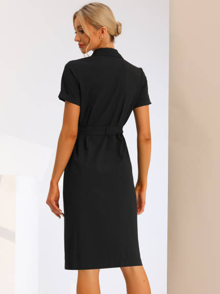 Allegra K- Short Sleeve Double Breasted Belted Blazer Dress