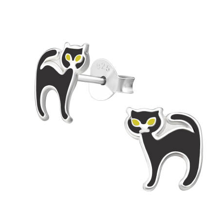 Sterling Silver Black Cat Stud Earrings - Ag Sterling